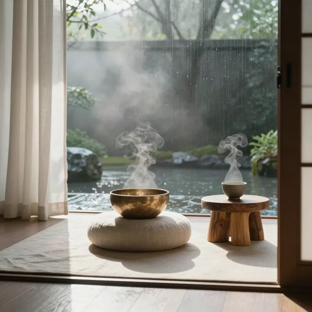 Studio mindfulness all’alba con ciotola in ottone, zafu di lino e luce dopo la pioggia.
