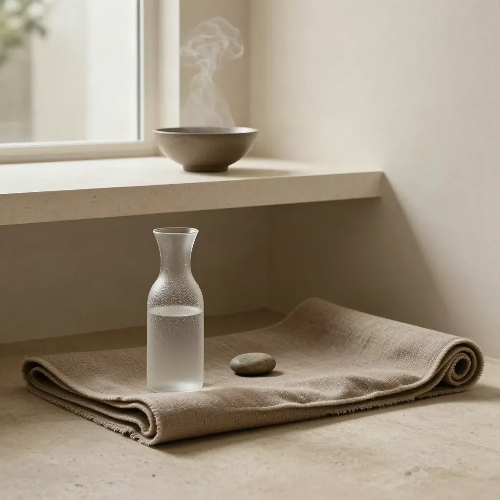 Angolo per esercizi di respiro con tappetino arrotolato, caraffa smerigliata e ciotola in ceramica.