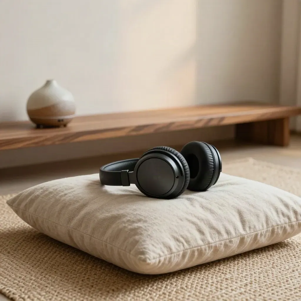 Cuffie, rullo in lino e diffusore in ceramica su un tappeto soffice, in una stanza calma.