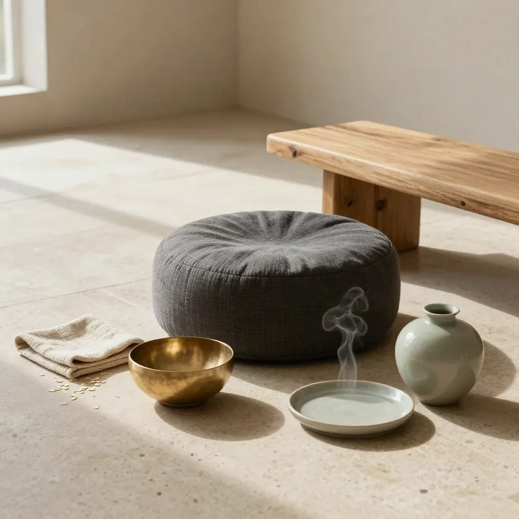 Angolo mindfulness in studio chiaro con zafu, panca bassa, ciotola in ottone e vassoio da tè.