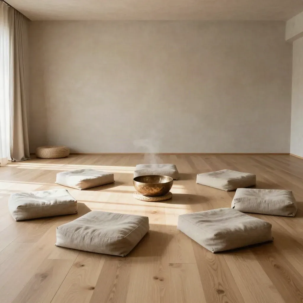 Studio di meditazione luminoso con sei zafu, teli piegati e campana tibetana al centro.