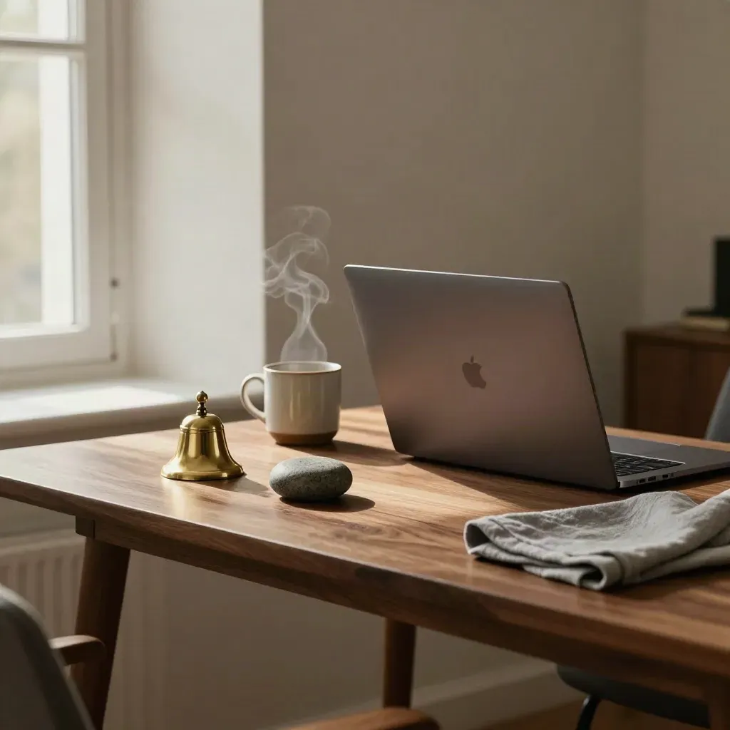 Angolo ufficio tranquillo con laptop chiuso, tazza fumante, campanello in ottone e pietra del respiro.