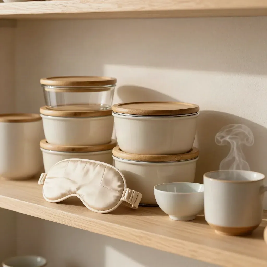 Shelf ordinata con contenitori pasto, mascherina, tè e ciotola in luce morbida.