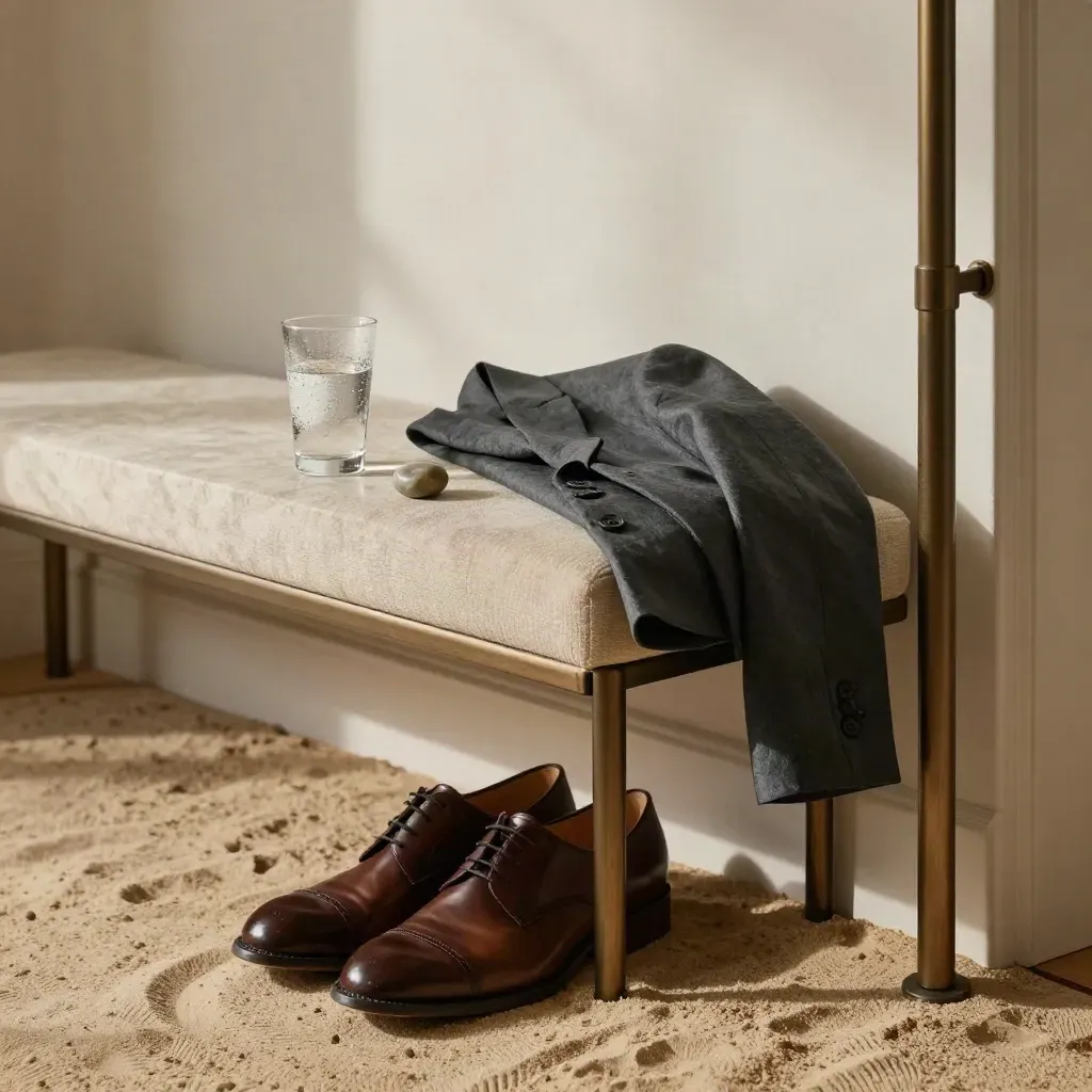 Panca d’ingresso con scarpe lucide, blazer piegato, acqua e pietra antistress