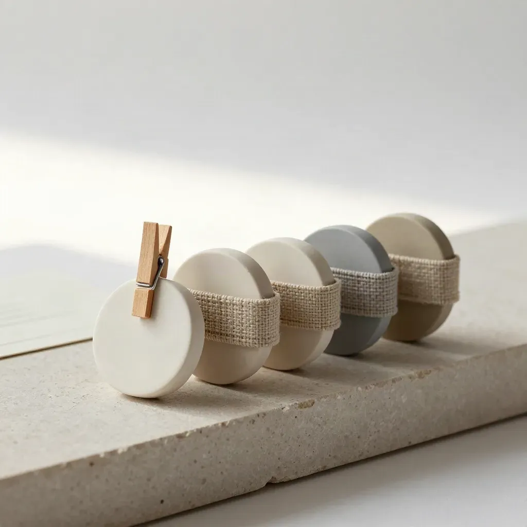 Quattro token ceramici, fascia in lino e clip di cedro su una mensola di pietra.
