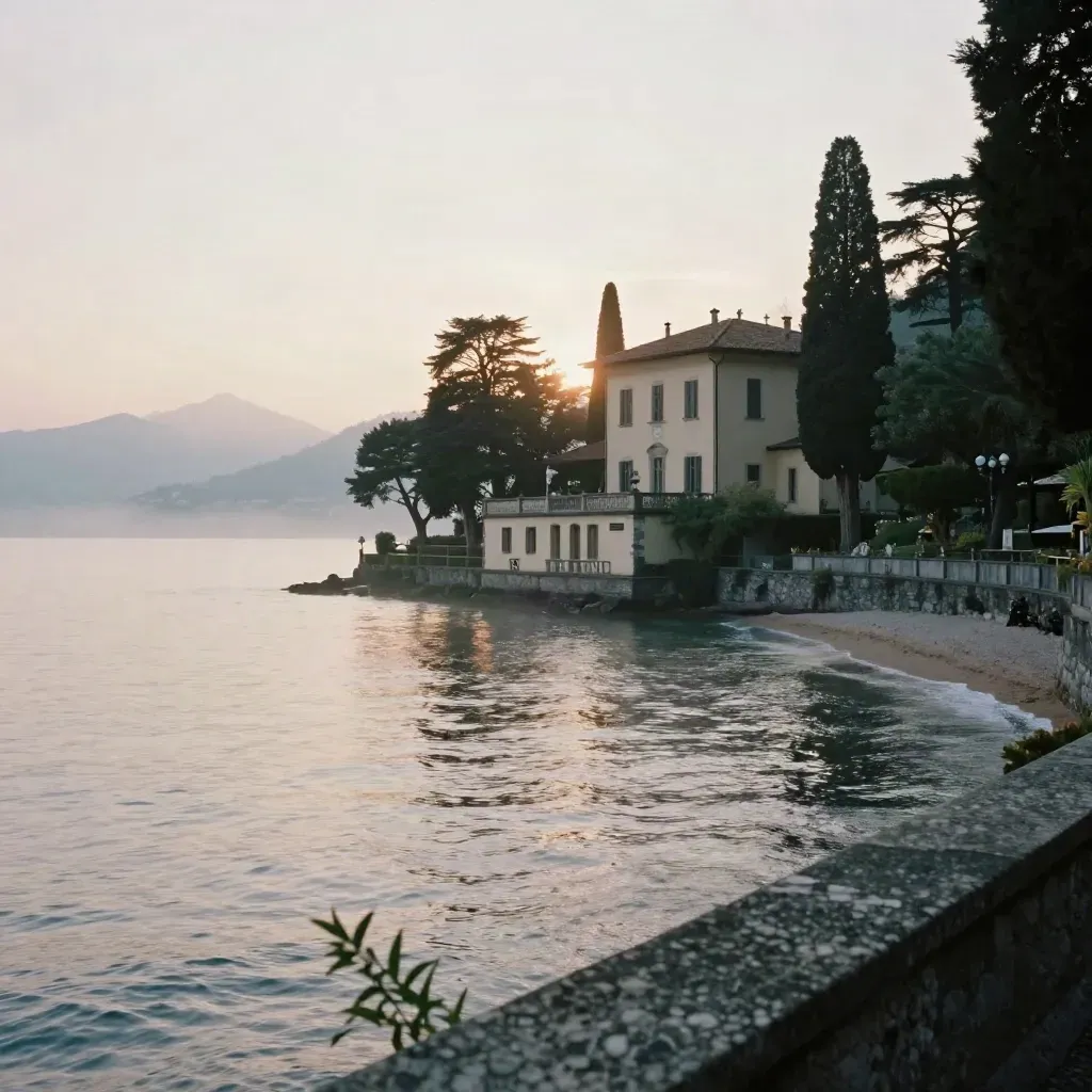 Villa sul Lago di Como all’alba, con nebbia e acqua calma