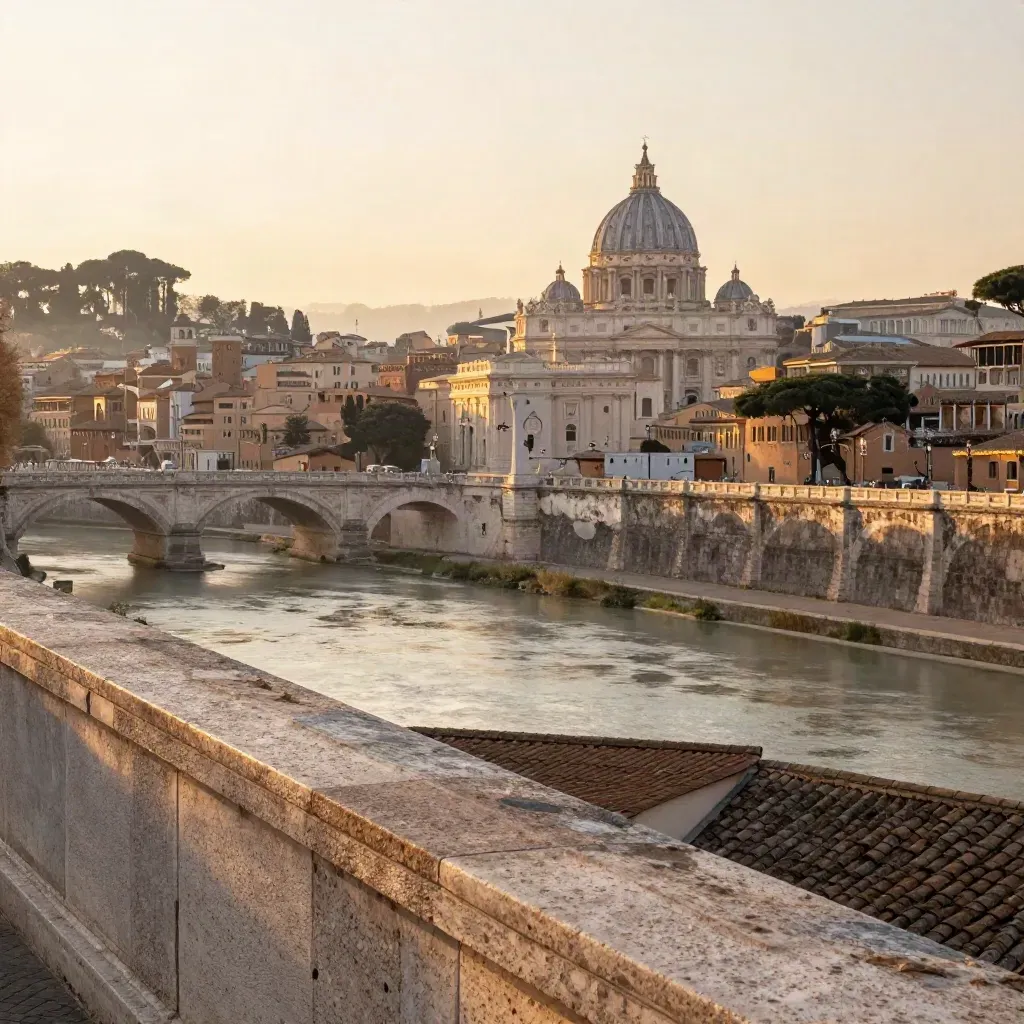 Cupole di Roma sul Tevere all’alba, terrazza in travertino e foschia dorata.